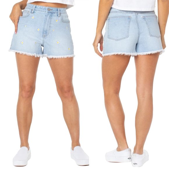 Juniors Daisy Embroidered Denim Jean Shorts Frayed Hem 5 Pocket Size 19/34 NWT - Picture 2 of 4